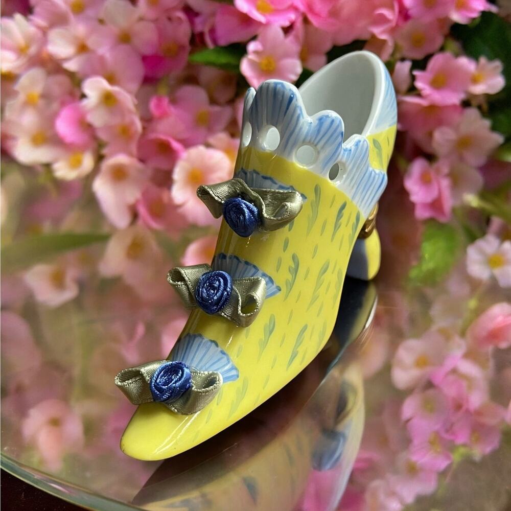 Authentic Limoges Yellow and Blue French Shoe With Green And Blue Ribbon Roses